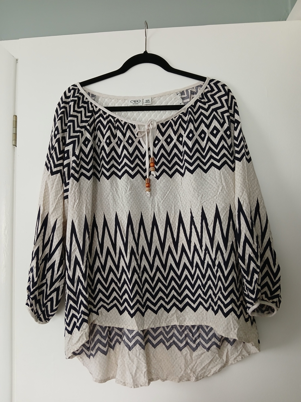 Cato Navy and Cream Chevron Peasant Top